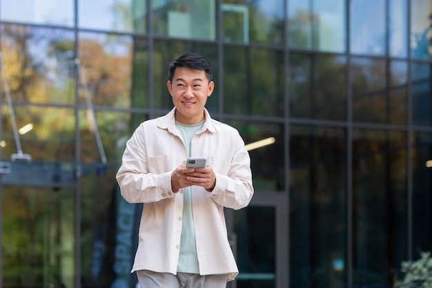 Uśmiechnięty azjatycki mężczyzna w swobodnej koszuli spacerujący po mieście za pomocą aplikacji na smartfonie mężczyzna patrzący na bok