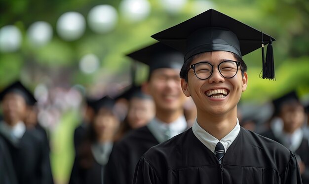 Uśmiechnięty azjatycki młody człowiek absolwent uniwersytetu lub college'u stojący nad tłumem studentów