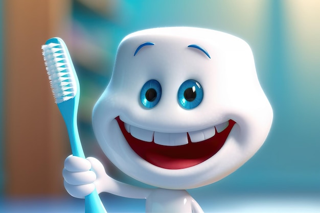 Uśmiechnięty biały ząb trzymający szczoteczkę do zębów idealną dla dzieci do generatywnej edukacji higieny jamy ustnej AI