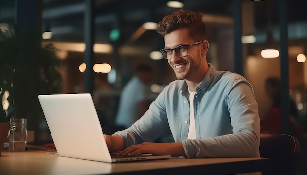 Uśmiechnięty biznesmen siedzący w restauracji i pracujący na laptopie.