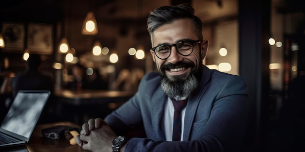 Uśmiechnięty biznesmen za pomocą laptopa w kawiarni Generative AI