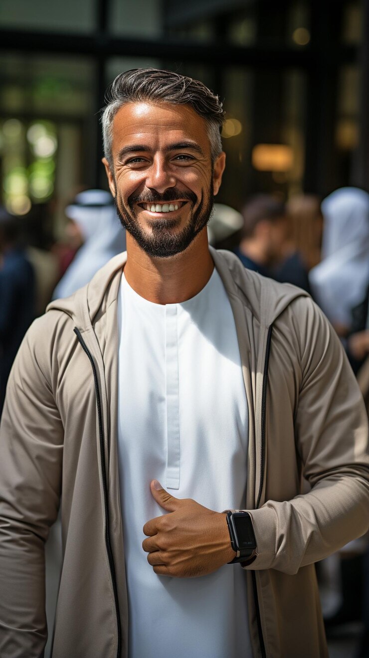 Zdjęcie uśmiechnięty bogaty arab w mieście