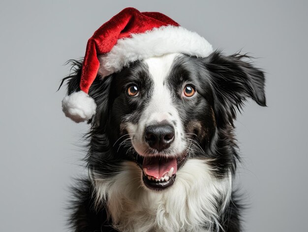 Uśmiechnięty Border Collie noszący portret z świątecznym kapeluszem