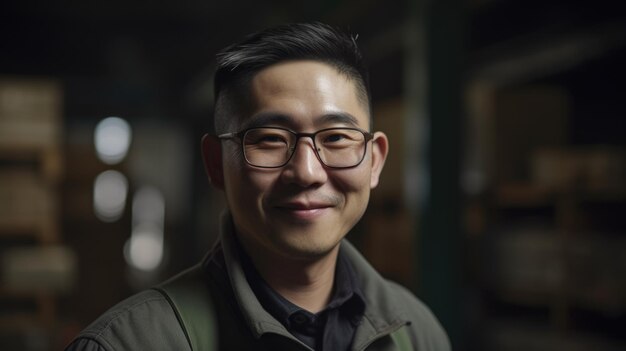 Uśmiechnięty chiński pracownik fabryki stojący w magazynie