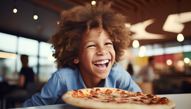 Zdjęcie uśmiechnięty chłopiec cieszy się kawałkiem pizzy na rozmytym białym tle kawiarni z przestrzenią do kopiowania tekstu