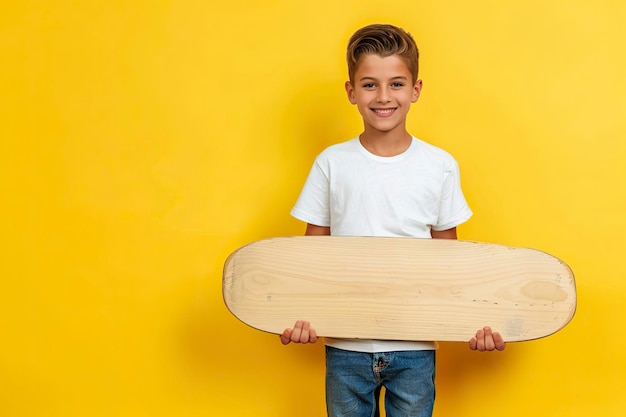 Uśmiechnięty chłopiec trzymający drewnianą deskę na żółtym tle