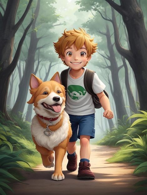 Zdjęcie uśmiechnięty chłopiec trzymający wiernego przyjaciela, psa, gdy idą przez las.