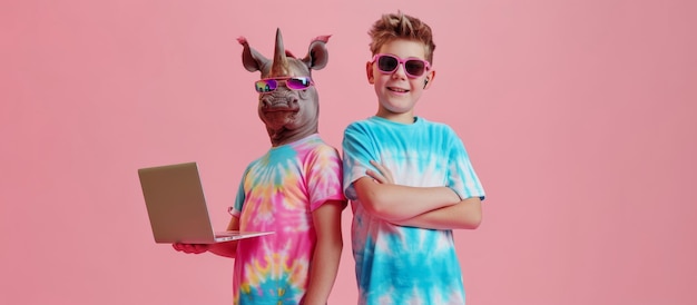 Uśmiechnięty chłopiec w okularach przeciwsłonecznych i masce nosorożca z laptopem na różowym tle