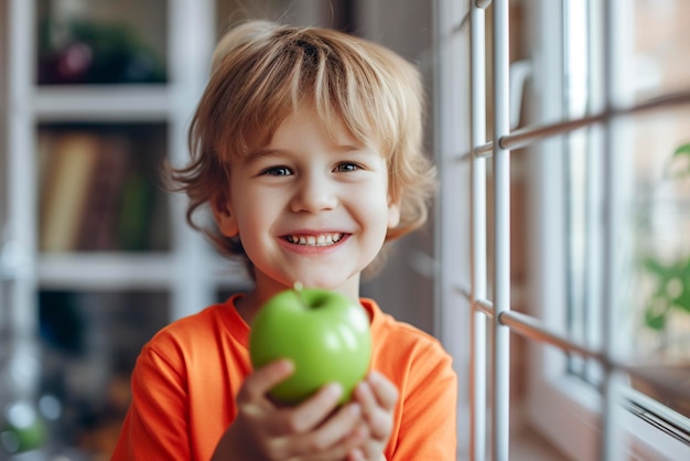 Uśmiechnięty chłopiec w pomarańczowej koszulce trzyma w ręku zielone jabłko