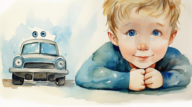 Uśmiechnięty chłopiec z dużymi niebieskimi oczami bawiący się z zabawką samochodową