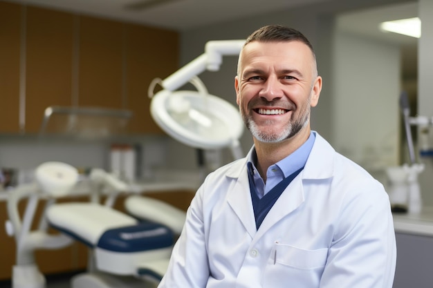 uśmiechnięty dentysta w białym fartuchu w gabinecie stomatologicznym