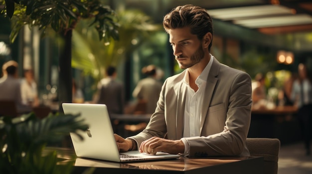 Uśmiechnięty dojrzały biznesmen siedzący przy biurku z laptopem szczęśliwy zajęty profesjonalista
