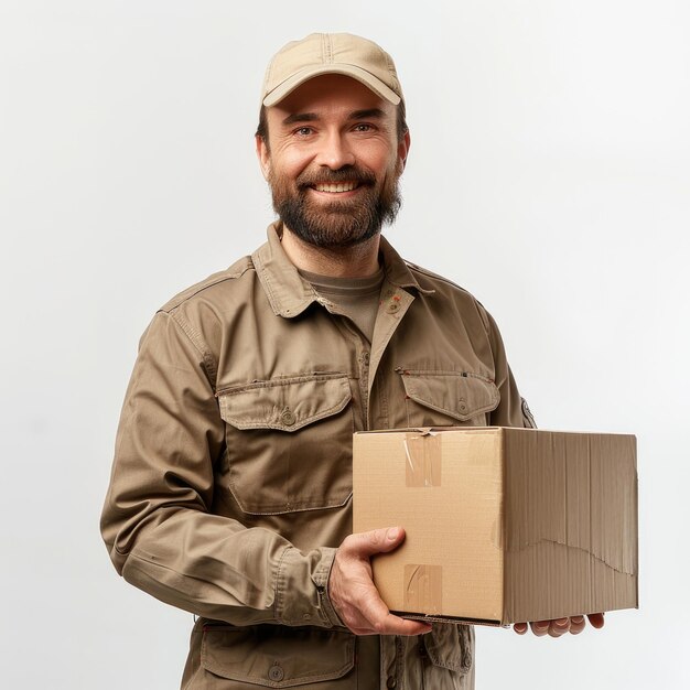 Uśmiechnięty dostawca trzymający pudełko odizolowane na białym tle Koncepcja usługi dostawy