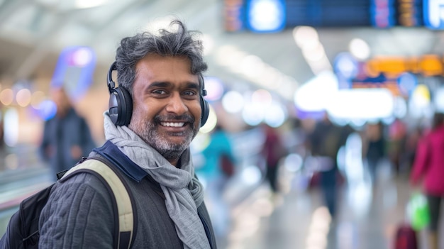 Uśmiechnięty Indianin z komórką i słuchawkami na lotnisku