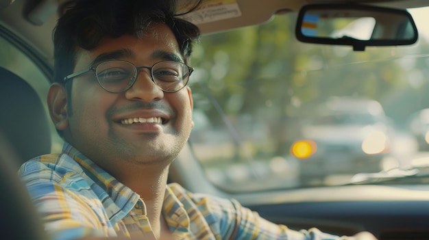 Uśmiechnięty Indyjczyk prowadzi zupełnie nowy ładny samochód i jest na wycieczce podczas letnich wakacji z miejscem do kopiowania tekstu