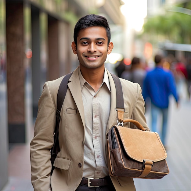 uśmiechnięty indyjski pracownik biurowy mężczyzna z brązową torbą