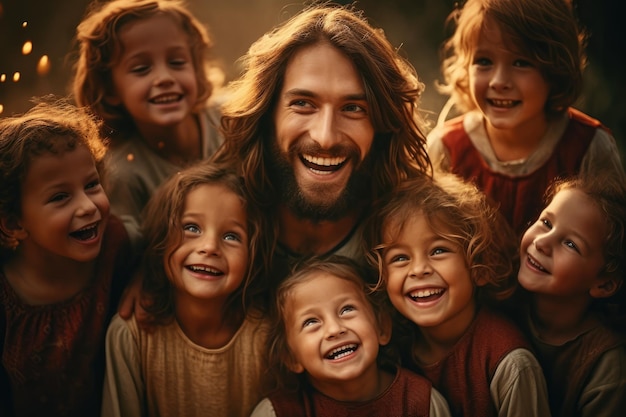 Uśmiechnięty Jezus z grupą dzieci jest generatywny