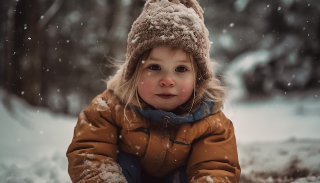 Uśmiechnięty kaukaski maluch cieszy się zimowym śnieżnym dniem wygenerowanym przez sztuczną inteligencję