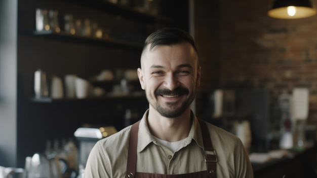 Uśmiechnięty kaukaski mężczyzna barista noszący fartuch stojący w kawiarni patrzący na kamerę Generative AI AIG21