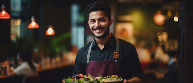 Uśmiechnięty kelner w restauracji z tacą na jedzenie Generacyjna AI