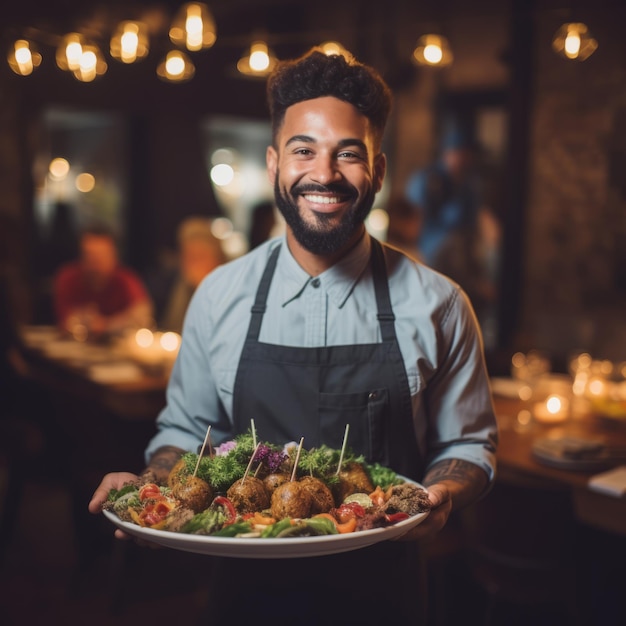 Uśmiechnięty kelner w restauracji z tacą na jedzenie Generacyjna AI