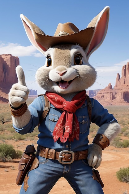 Zdjęcie uśmiechnięty królik kowbojski kciuk w górę