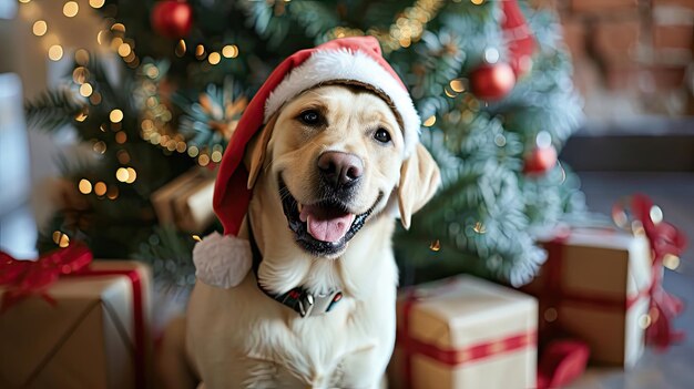 Uśmiechnięty Labrador Retriever noszący świąteczny kapelusz na świątecznym tle