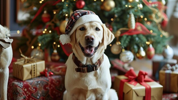 Uśmiechnięty Labrador Retriever noszący świąteczny kapelusz na świątecznym tle