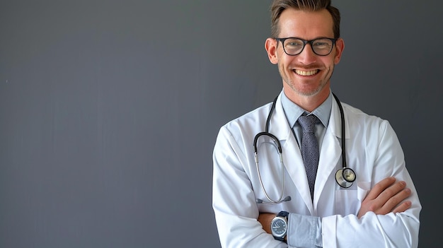 Uśmiechnięty lekarz z okularami i stetoskopem na szyi.