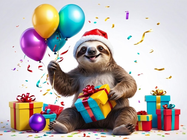 Uśmiechnięty leniwiec na imprezie z prezentami z balonami i konfetti izolowanymi na białym tle