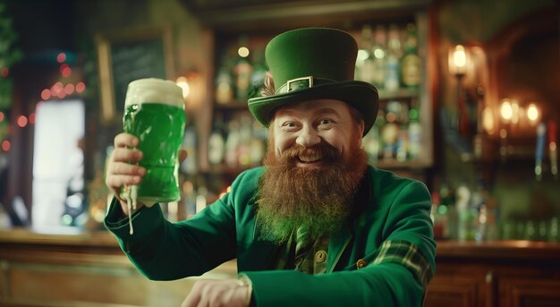 Uśmiechnięty Leprechaun św. Patryka pije zielone piwo.