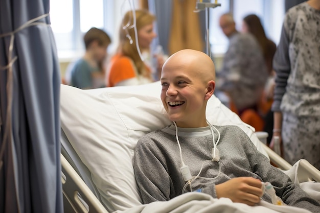 Zdjęcie uśmiechnięty łysy chłopiec w szpitalnym łóżku onkologicznym ai