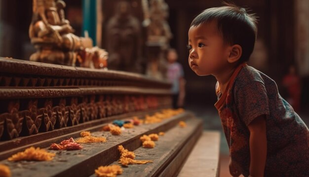 Zdjęcie uśmiechnięty maluch bawiący się na świeżym powietrzu, trzymający świecę, doświadczający hinduskiej duchowości generowanej przez sztuczną inteligencję