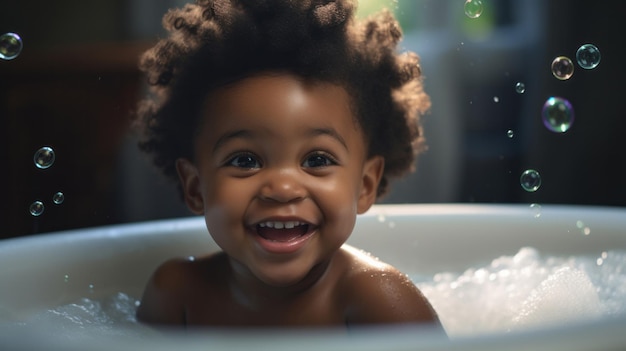 Uśmiechnięty maluch kąpie się w wannie z pianką i bąbelkami, szczęśliwy czas na kąpiel dziecka