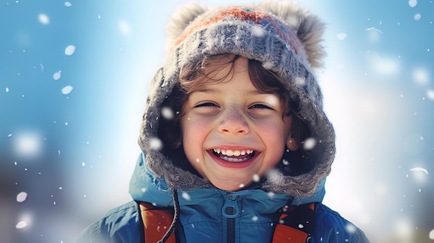 Uśmiechnięty mały chłopiec uśmiechający się w śniegu w stylu humorystycznych obrazów glitchy zabawnie