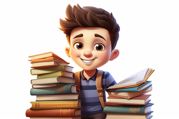 Zdjęcie uśmiechnięty mały chłopiec w codziennych ubraniach z książkami