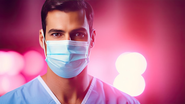 Uśmiechnięty mężczyzna chirurg noszący maskę patrzący na różowe tło kamery