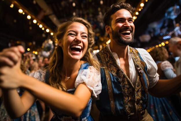 Uśmiechnięty mężczyzna i kobieta bawią się na październikowym festiwalu
