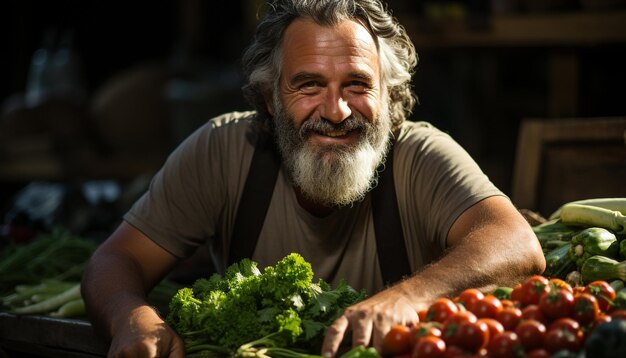 Uśmiechnięty mężczyzna trzyma świeżego pomidora, emanując pewnością w zakresie zdrowego odżywiania generowanego przez sztuczną inteligencję