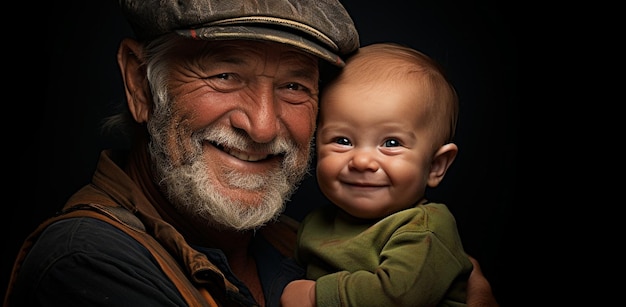 Uśmiechnięty mężczyzna trzymający dziecko w ramionach i kapelusz na generatywnym ai