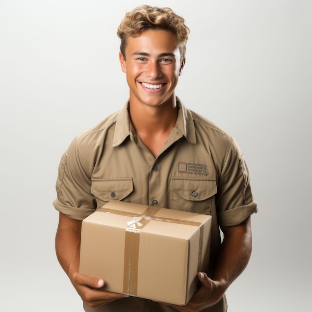 Zdjęcie uśmiechnięty mężczyzna trzymający pudełko