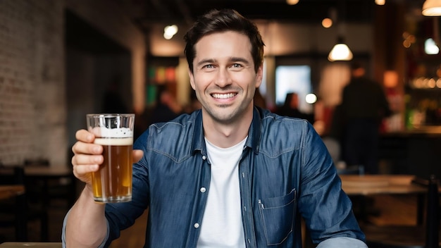 Uśmiechnięty mężczyzna w dżinsie z szklanką piwa.
