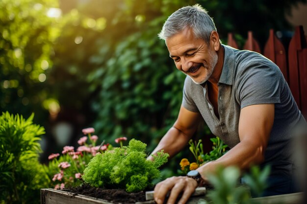 Zdjęcie uśmiechnięty mężczyzna w średnim wieku ogrodniczy na podwórku