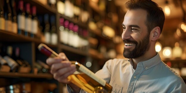 Uśmiechnięty mężczyzna z brodą wybiera butelkę wina w przytulnym sklepie z winem, casual styl, ciepła atmosfera, wybór klienta, sztuczna inteligencja.