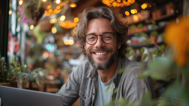Uśmiechnięty mężczyzna z okularami używający laptopa Portret wewnętrzny z świetlnym tłem bokeh