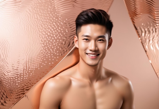 Uśmiechnięty młody azjatycki model z stonowaną sylwetką pozujący na teksturowanym brązowym tle idealny