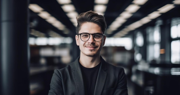 Uśmiechnięty młody biznesmen kaukaski w okularach stoją w nowoczesnym biurze wykazują pewność siebie i motywację w pracy szczęśliwego tysiącletniego europejskiego męskiego dyrektora generalnego pozowanie w koncepcji sukcesu przywództwa w miejscu pracy