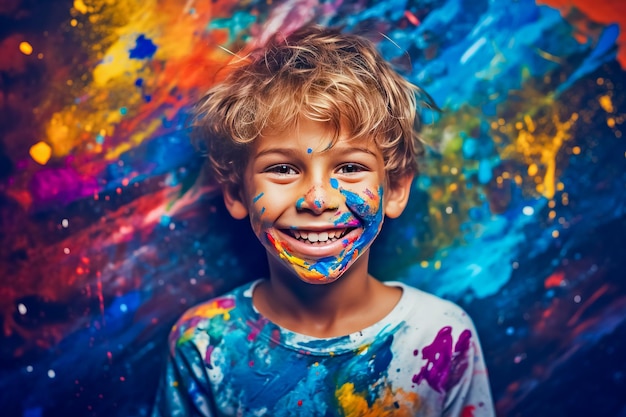 Zdjęcie uśmiechnięty młody chłopiec z jasną farbą generatywna sztuczna inteligencja