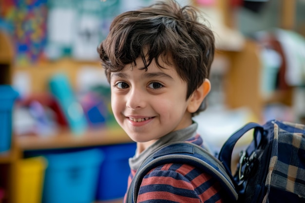 Uśmiechnięty młody chłopiec z kręconymi włosami siedzący w kolorowej klasie patrzący przez ramię na kamerę