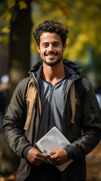 Uśmiechnięty młody człowiek student z plecakiem trzyma książki na białym tle